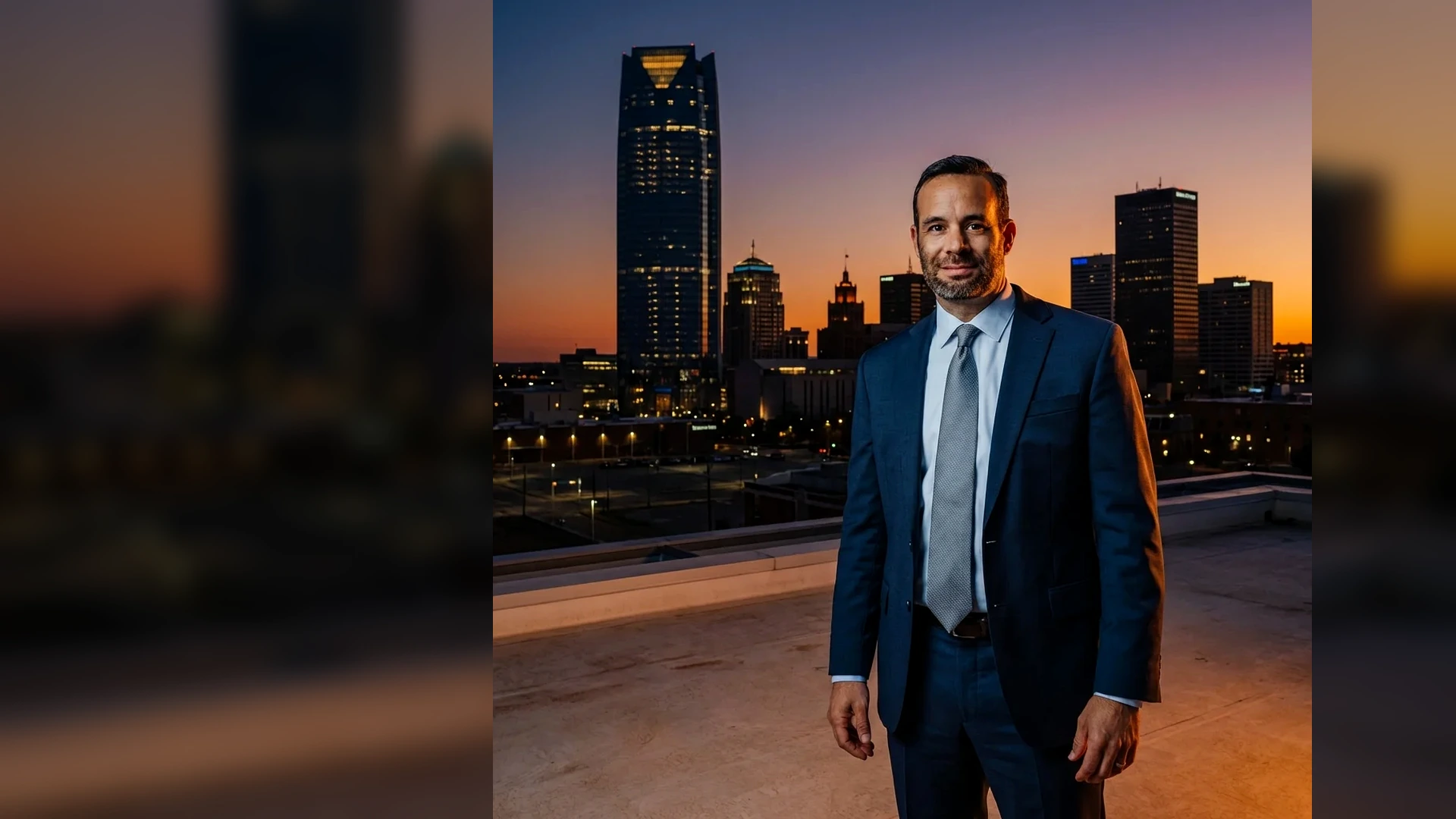 Oklahoma skyline at dusk with courthouse and city lights