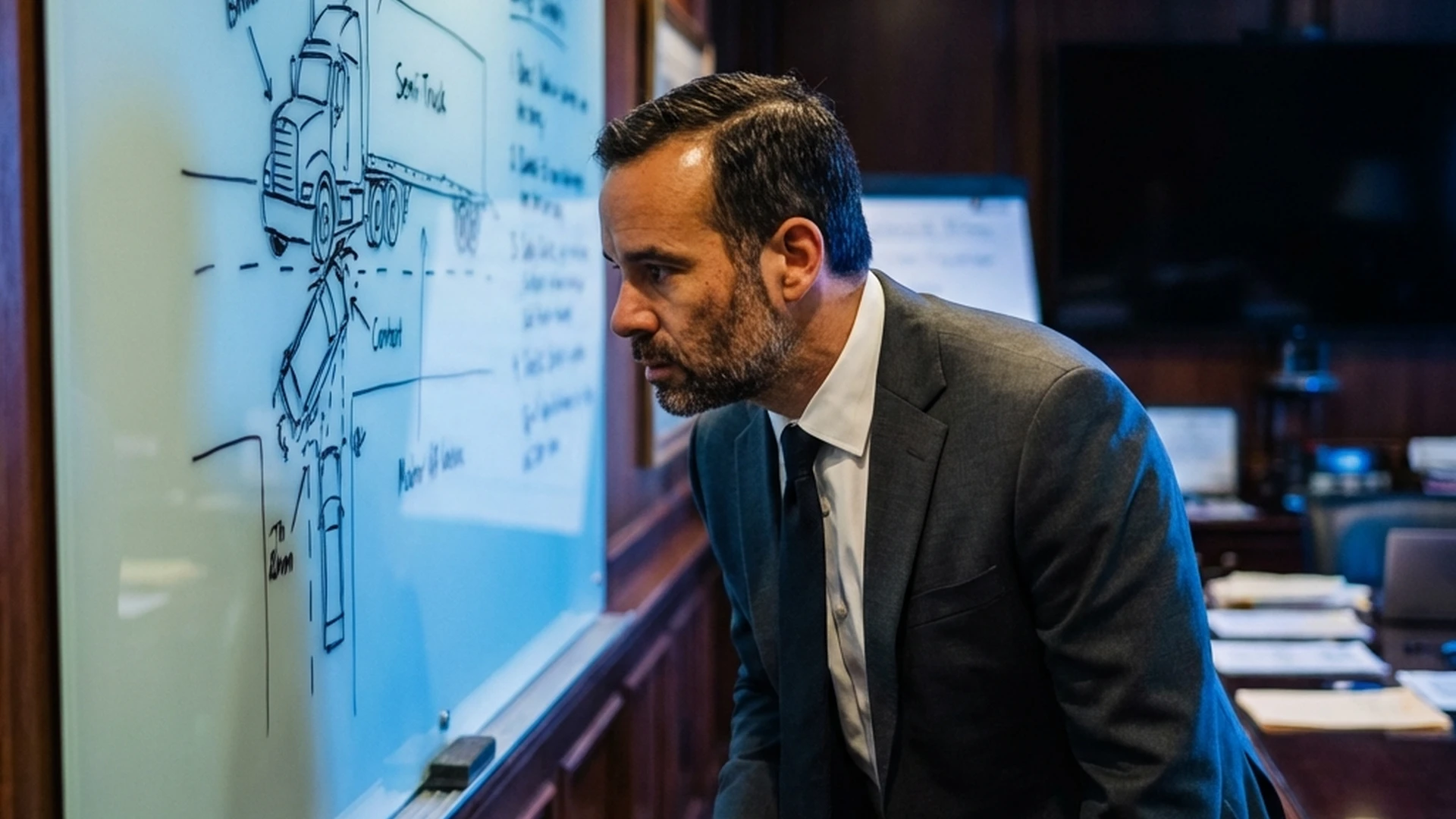 Attorney reviewing commercial truck evidence on a whiteboard